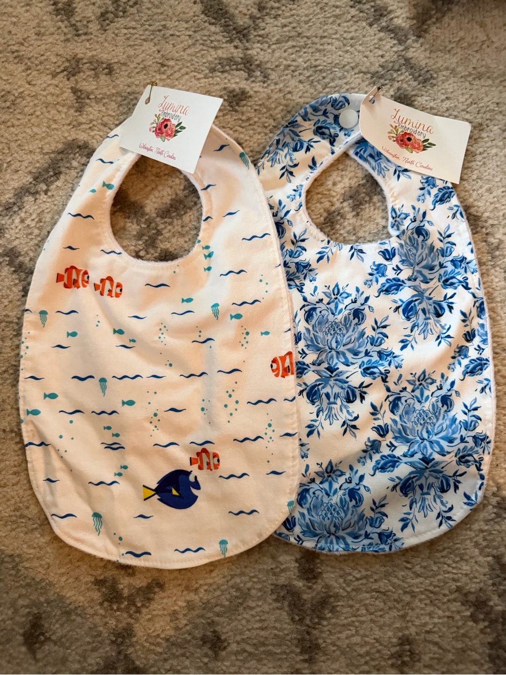 Reversible Blue Floral & Ocean Print Bibs - 2-Pack